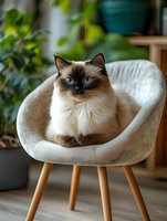 Ragdoll cat with blue eyes sitting in modern beige chair against green plants background. Cozy home interior with natural light and soft textures.