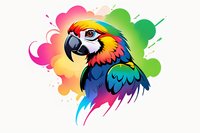 Vibrant macaw parrot head with rainbow-colored feathers on watercolor splash background, isolated design for prints and decorative artwork.