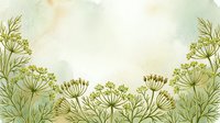 Botanical line art border with delicate fennel or dill plants featuring umbrella-shaped flower clusters in muted green and gold tones on aged cream background, suitable for stationery and design projects.