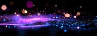Glowing particles and light trails create magical atmosphere against dark background with purple and blue bokeh effects floating in cosmic space.