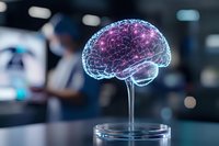 Glowing translucent brain model with purple inner core and blue neural network pattern on display stand against dark background with bokeh lights. Medical science concept.