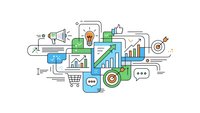 Digital marketing concept with analytics charts, social media icons, megaphone and business growth elements on white background for web design.