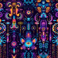 Mystical seamless pattern with esoteric symbols, evil eyes, sacred geometry elements in vibrant neon colors of blue, pink and orange on dark background. Tiles continuously.