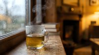 Steaming hot tea mug on wooden windowsill with raindrops on glass, cozy fireplace glowing in blurred background creating warm atmospheric home interior.