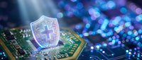 Digital cybersecurity shield protecting computer processor chip with glowing circuit board and bokeh lights background for technology protection concepts.