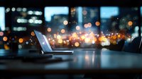 Laptop on dark desk with magical glowing light particles floating above screen against blurred night city bokeh background, digital transformation concept.