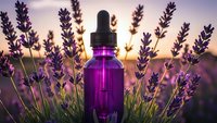 Purple glass dropper bottle with lavender essential oil surrounded by fresh lavender flowers at golden hour sunset for aromatherapy and natural wellness.