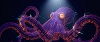 Futuristic digital octopus with glowing tentacles and neon circuits in cyberpunk style against dark background for sci-fi designs and technology concepts.