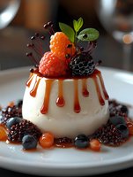 Creamy panna cotta dessert topped with fresh raspberries, blackberries, blueberries and caramel sauce drip, garnished with mint leaves on white plate, macro shot.