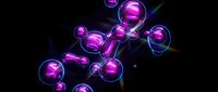 Glowing purple and magenta spheres with neon outlines float against dark background, creating abstract molecular or atomic structure for science and technology designs.