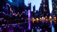 Stock market data visualization with glowing purple trading chart against blurred urban nightscape, reflecting modern financial technology and market analysis.