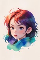 Young female character portrait with gradient red to blue hair and watercolor effects, featuring expressive blue eyes and soft facial features against ethereal background.