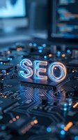Glowing SEO text on computer circuit board with blue neon lights representing search engine optimization and digital marketing technology concepts.