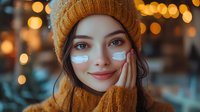 Young Caucasian woman wearing yellow knit beanie and winter coat with moisturizing under-eye patches smiling at camera against blurred bokeh lights background.
