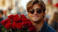 Young Caucasian man with wavy hair and sunglasses holding bouquet of red roses, smiling warmly outdoors. Romantic lifestyle portrait with soft bokeh background.