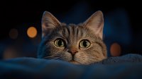 Curious tabby cat with bright green eyes peeking over edge, dark moody background with soft bokeh lights creates mysterious atmosphere. Perfect for pet photography.