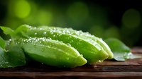 Fresh green cucumbers with water drops on dark wooden surface against blurred background with bokeh lights, macro food photography.