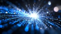Glowing digital data stream with bright light burst and blue particles, binary code pattern radiating from center point against dark background.