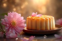 Traditional mooncake with delicate floral decorations on wooden plate alongside pink gerbera daisy flower against warm bokeh background, festive Asian cuisine.