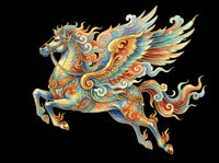 Ornamental winged horse with intricate decorative patterns in gold, orange, and teal. Isolated on transparent background, ready for t-shirts, clipart, stickers, and print-on-demand designs.