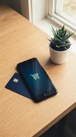 Smartphone with shopping cart icon on screen next to a credit card on wooden desk, succulent plant by window, online shopping concept.