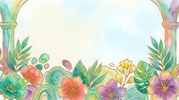 Watercolor floral arch frame with colorful tropical flowers and leaves on light background, copy space for text or greeting card design.
