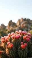 Blooming barrel cactus with vibrant pink flowers in desert landscape during golden hour light creating warm natural botanical scene.