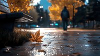 Fallen maple leaf on wet pavement during autumn evening with blurred silhouette walking in park. Golden bokeh lights and moody atmosphere create seasonal ambiance.