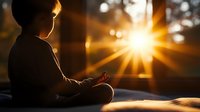 Young child silhouette sitting in lotus position during sunset, rays of golden light streaming through window create peaceful meditation atmosphere.