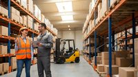 Warehouse workers in safety vests discussing logistics in modern distribution center with forklift and storage shelves for supply chain management.