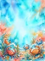 Watercolor underwater scene with colorful crabs and seaweed on ocean floor. Marine life illustration for coastal decor and educational materials.