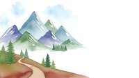 Watercolor mountain landscape with winding path through pine forest, soft pastel colors and artistic brushstrokes for nature-inspired designs and decor.