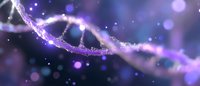 Glowing DNA strand with purple and blue particles floating in dark space, molecular structure visualization for science and medical backgrounds.