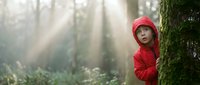 Child in red jacket peeking around moss-covered tree trunk in misty forest. Young girl with fair complexion wearing bright red hoodie explores woodland environment with sunlight filtering through trees.