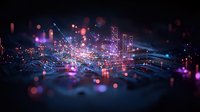 Futuristic digital cityscape with glowing network connections and light trails against dark background, featuring purple and blue neon illumination and bokeh effects.