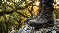 Worn leather hiking boots on rocky surface with golden sunlight filtering through forest trees creating warm outdoor adventure atmosphere.