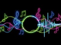 Colorful neon music notes and sound waves flowing around circular frame on black background for entertainment and audio design projects.