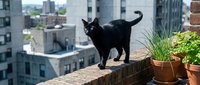Black cat standing on urban rooftop ledge with potted plants and city skyline in background, suitable for pet, lifestyle and urban design projects.