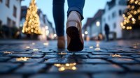 Woman walking on cobblestone street at dusk, Christmas lights and decorated tree create magical bokeh reflections on wet pavement. Festive winter atmosphere.