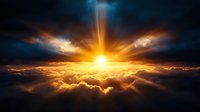 Dramatic sunrise over dark storm clouds with bright golden sunburst breaking through, creating ethereal light rays and atmospheric heavenly scene.