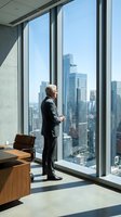 Senior businessman in dark suit gazing at urban skyline from high-rise office window with modern furniture and city skyscrapers visible beyond glass, representing corporate success and leadership vision.