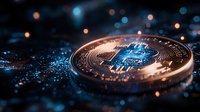 Glowing cryptocurrency coin with circuit pattern on dark background with blue bokeh lights and reflective surface, macro photography style composition.