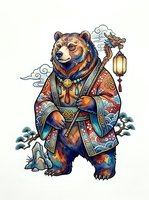 Anthropomorphic bear wearing ornate robes and holding a decorative lantern with dragon, isolated on white background for design, apparel, and clipart applications.