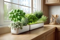 Fresh herbs growing in white planters on kitchen windowsill with natural light, wooden countertop, and cooking utensils.