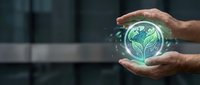 Hands protecting glowing green earth globe with plant sprout symbolizing environmental conservation and sustainable development for eco-friendly business concepts.