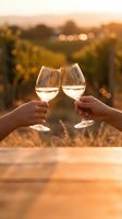 Two hands toasting with white wine glasses at golden hour sunset in vineyard landscape for romantic celebration and leisure moments.