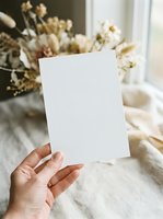 Woman hand holding blank white card mockup with dried flowers bouquet on linen fabric background for wedding invitation or greeting card design.