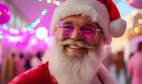 Cheerful senior man in red Christmas hat and pink heart-shaped glasses with white beard smiling against festive bokeh lights background during holiday celebration.