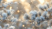 Frosty pine needles covered in morning frost with golden bokeh lights and falling snow creating magical winter atmosphere in forest.
