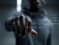 Businessman hand touching futuristic digital interface with glowing data visualization and network connections for technology innovation concepts.